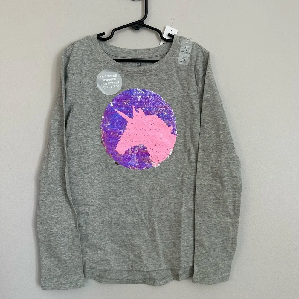 Gap Kids Gray Long Sleeve Flip Sequin Unicorn Crewneck Cotton Shirt Sz L 10 NWT